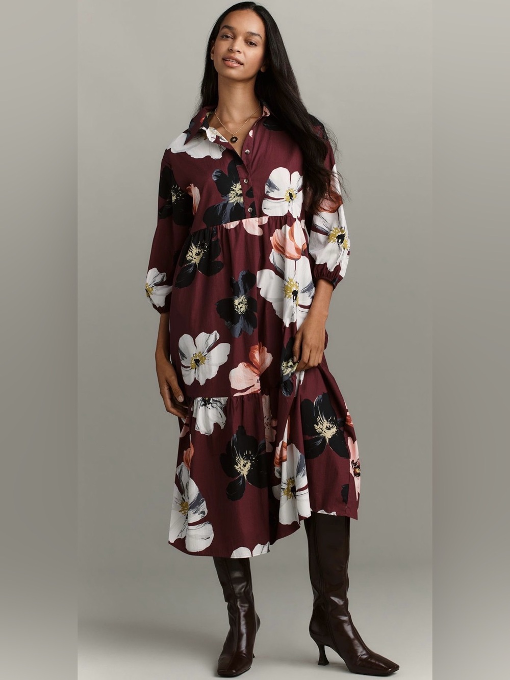 NWT Maeve Bettina Cotton Midi Shirtdress in Maroon Size XL